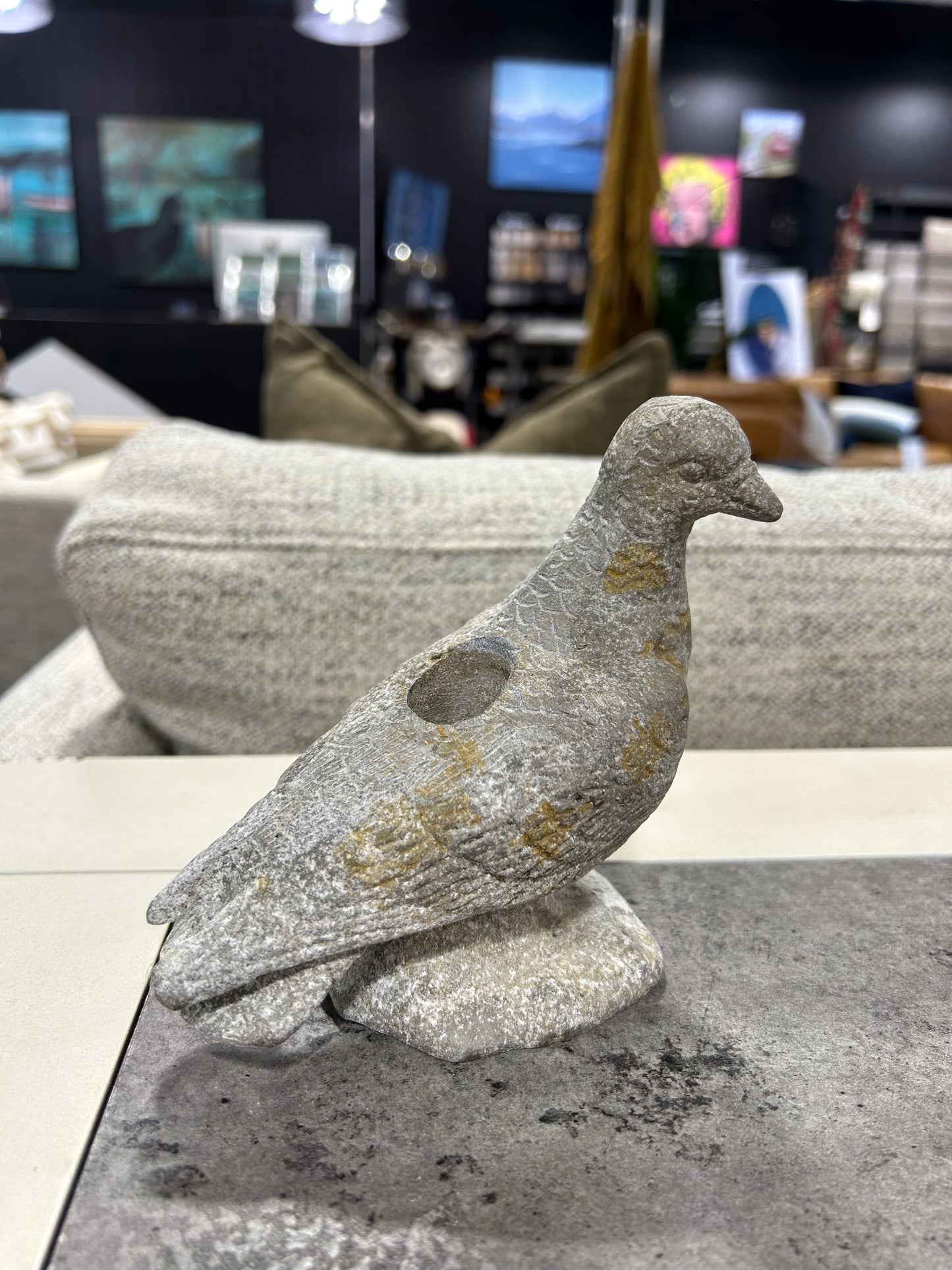 Grey stone candle holder birds
