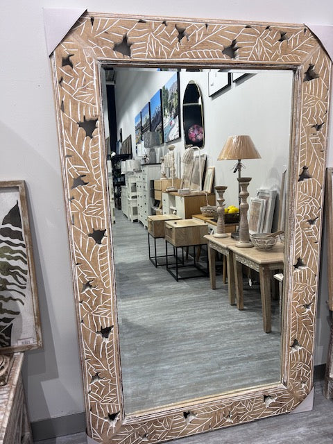 Large Wooden Mirror with White Decoration
