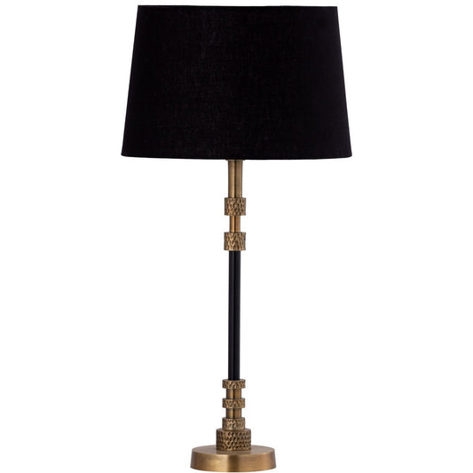 TABLE LAMP & SHADE - BLACK W/BRASS ANTIQUE / BLACK COTTON